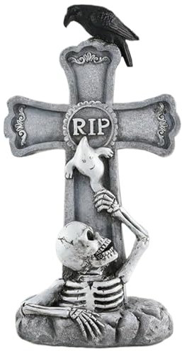 Kalastussaari Spoam Halloween RIP Tomboni, lapidi di Halloween R.I.P a Forma di Croce con Scheletro e Corvo, Decorazioni di Halloween in lapide in Resina per Festa, cimitero, Giardino, Prato