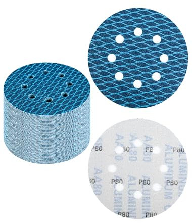 5 Inch Sanding Disc 80 Grit Anti-Clogging Abrasive Discs for Random Orbital Sander, 32Pcs 125mm Hook and Loop Blue Sandpaper for Wood, Metal, Furniture, DIY & Paint Removal (8 Holes)