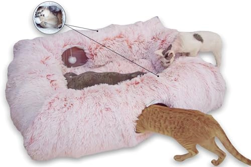 XxingSheep 4 Höhlen Plüsch XL Katze Tunnel Bett Indoor Katzen Peekaboo Spielzeug Matte Rosa