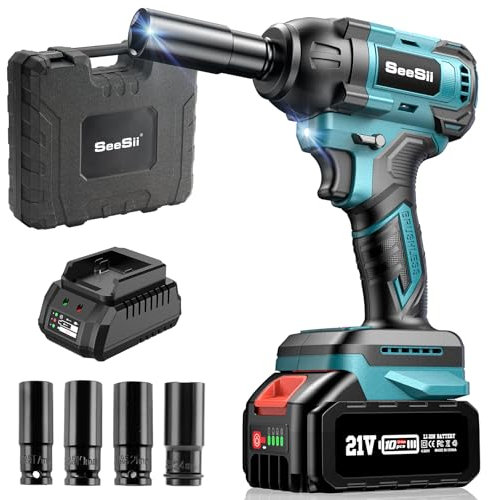 Seesii Cordless Impact Wrench, 550N.m(400ft-lbs) Power Impact Wrench 1/2 Inch, 4.0Ah Battery, 3300RPM Impact Gun, 4 Sockets, Electric Impact Wrench for Home Car Tires Truck Mower,WH550