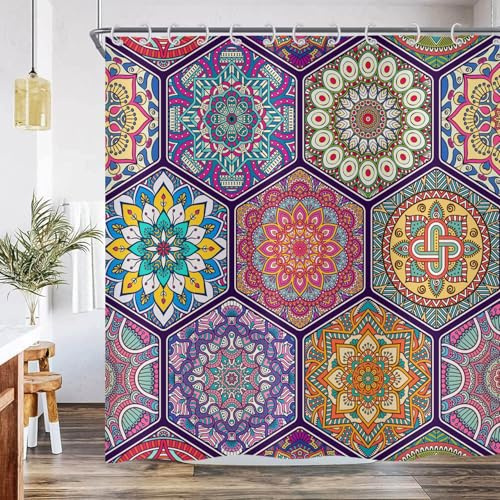 Hnmdmyi Duschvorhang Boho Blumen 180x200, Bunte Vintage Mandala Blume Böhmische Ästhetik Kunst Badewanne Vorhang Wasserdicht Polyester Stoff Waschbar Badevorhang für Badezimmer mit Haken