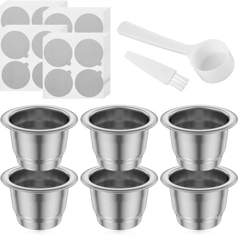 Lot de 6 capsules à café réutilisables en acier inoxydable - 37 x 24 mm - Facile à utiliser avec brosse - Filtre de rechange rechargeable avec cuillère - Capsules à expresso pour Nes.presso Essen.za