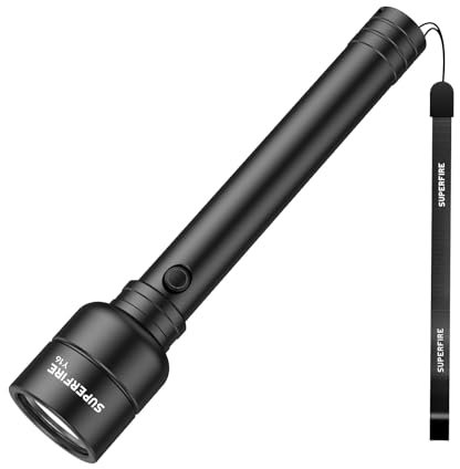 SuperFire Extrem Hell Taschenlampe Extra Lang für Selbstverteidigung, Fester Fokus, Lange Reichweite mit 6 modi, 8000mAh, Robustes Überlebenswerkzeug, Wasserdichte für Notfall & Camping & Wandern