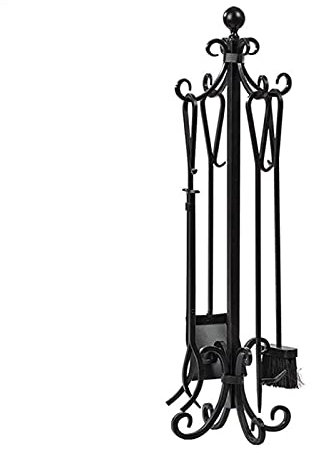 Fire Pit Tools Set with Stand Heavy Duty Cast Iron Fireplace Companion Kit 5 Piece Tall 86cm Includes Brush Poker Shovel and Tong