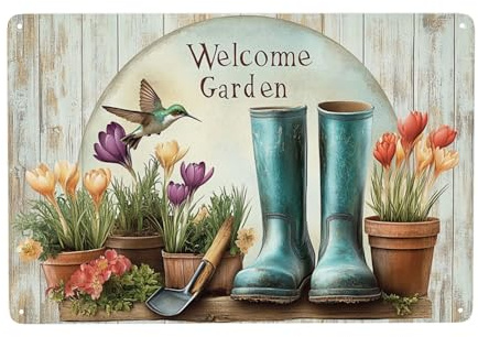 Blechschild Garten Sprüche, 20x30cm Outdoor Wand-Schild Dekoration, Blechschild Text “Welcome Garden”, Schild Garten Gärtner Geschenke