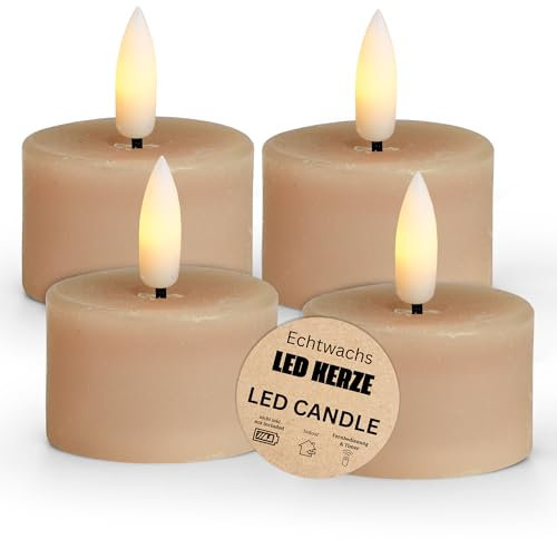 LED Teelichter 4er Set aus Echtwachs mit Timerfunktion & Fernbedienung - Kerze realistisch flackernde Flamme warmweiß Ø 4 x 4 cm - Elektrische Wachskerze in beige als gemütliche Tischdeko