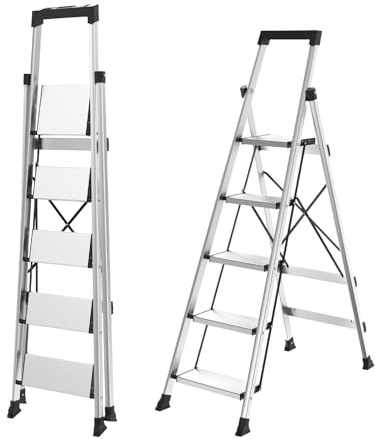 HBtower 5 Aluminum Step Ladder, Strudy Ladders for Home with Tool Tray, Anti-Slip Folding Step Stool for Adults, Light Weight Portable 330lbs Safety for Kitchen Warehouse Outdoor Work