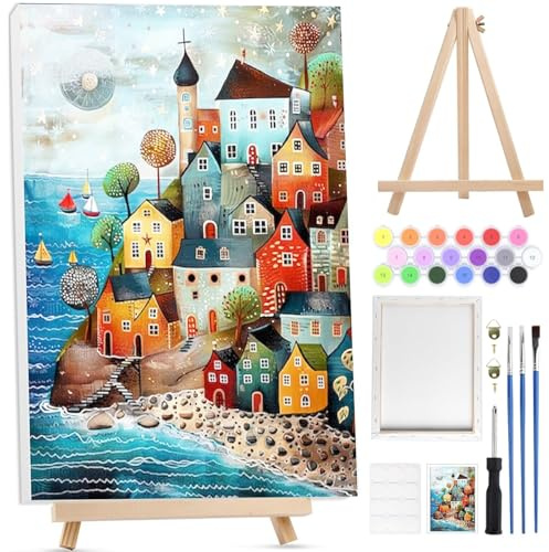 BOWETILE Castillo Pintar por Numeros Adultos Niños Principiantes con Marco&Caballete de Madera, Kit Cuadros para Pintar por Numeros, Pintura Acrilica Manualidades Adultos para Decoración, 20x30cm