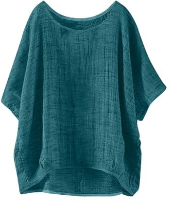 Uwdiohq Damen Rundhalsausschnitt Kurzarm Leinenbluse Baumwolle Leinen Lose Tshirt Sommer Elegant Musselin Bluse Freizeit Casual Einfarbig Oberteile Halbarm Tunika Tee Hemd Mode Trendy Bluse