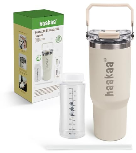 haakaa Enfriador portátil de leche materna de 300 ml, color crema, incluye 1 botella de almacenamiento de leche materna de 300 ml que proporciona hasta 20 horas de enfriamiento sobre la marcha y 1