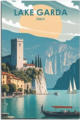Vintage Italy Lake Garda Sunset Reise Poster Retro Wand Kunst Leinwand Poster Zimmer Dekor Home Dekoration Ungerahmt 50x75cm