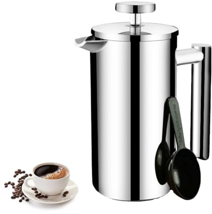 LoveFirst Cafetiere French Press Coffee Maker 700ml/24oz 304 Stainless Steel Portable Double Wall Insulated Heat Resistant Coffee Press for Woman Man Silver Color, for Home, Camping and Office
