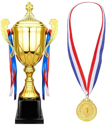 JTKDG Large Gold Award Trophy 16.5 Inch Adult Winner Trophy Cup and Award Medal with Ribbon for Sports Competitions Tournaments School Rewards