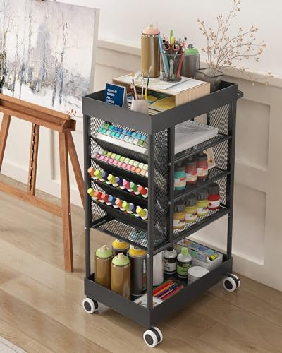 Ornestia 5-Tier Multi-Functional Art cart, Metal Utility Cart with Lockable Wheels, Versatile Art Supply Storage Organizer Cart, Storage for Brushes, Paints(Black)