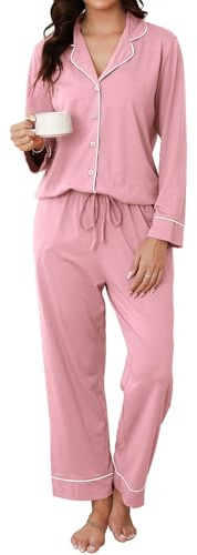 Reliwel Pigiama Donna Cotone Pigiama da Donna Invernale Set Pigiama Camicia a Maniche Lunghe con Bottoni e Pantaloni Pigiama da Casa Due Pezzi Morbidissimo Comodo