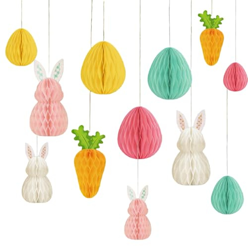 GWAWG 12 Stück Osterdeko Modern Farbig Seidenpapier Wabenfigur Wabenfigur Ostereier Zum Aufhängen Papier Osterhasen Deko für Draußen Osterdekoration Party für Innen und Draußen Deko Frühling