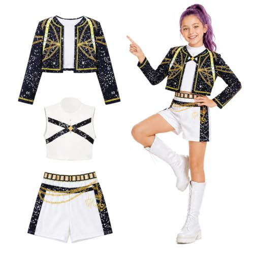 BORISCA Deguisement Kpop Cosplay Anime 3PCS Costume Kpop Enfant pour Fille | Gilet Veste Short - Complet Déguisement Kpop Fille Cosplay Kpop Enfant pour Halloween Noël Carnaval Spectacle Fête Hauteur