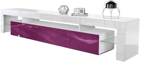 Vladon Lowboard Lima V2, Made in Germany, TV-Kommode mit 2 Klappen, 1 offenem Fach und 2 Glasablagen, Weiß Hochglanz/Brombeer Hochglanz (189 x 38 x 35 cm)