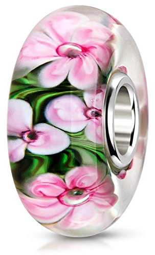 Materia #954 Perle en verre de Murano Fleur Rose Vert – Pendentif en argent 925 pour bracelet à perles européennes, Argent sterling Verre, Verre