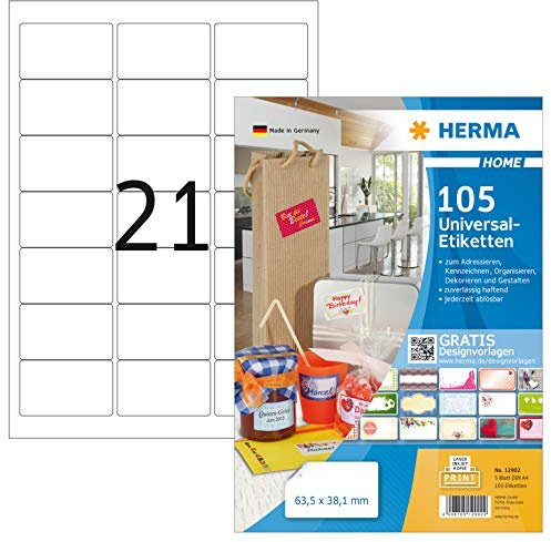 HERMA 12902 Universal Etiketten ablösbar, 105 Stück, 63,5 x 38,1 mm, 21 pro A4 Bogen, selbstklebend, bedruckbar, matt, blanko Papier Klebeetiketten Aufkleber, weiß