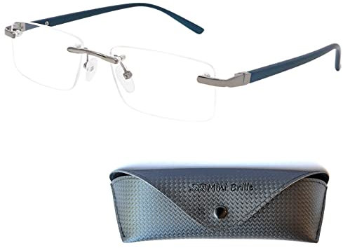 Mini Brille Randlose Lesebrille mit rechteckigen Gläsern - mit Gratis Etui, Edelstahl Rahmen (Blau), Lesehilfe Herren und Damen +2.5 Dioptrien