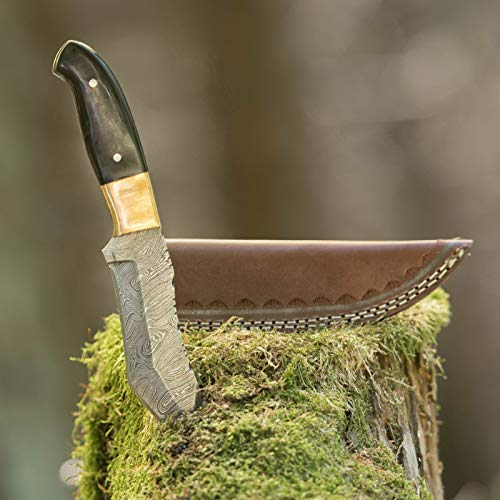 elToro Brass Horn - Damast - Jagdmesser - 12,3cm - inkl. Lederscheide; Messer für Camping, Outdoor, Survival