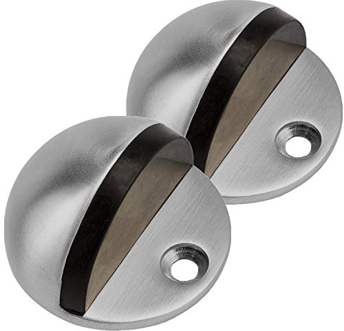 GOZOLA 2 Pieces Round Door Stop, Heavy Duty Simple Doorstop Floor Mount, Solid Metal 304 Stainless Steel with Rubber Pad Cylindrical Ground Screw for Home Office Hotel Workstation, Brushed Silver