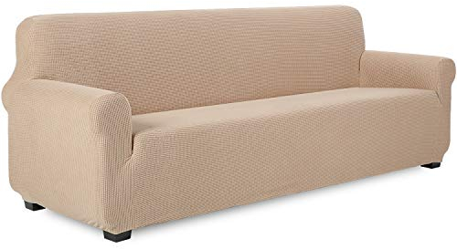 TIANSHU Sofabezug 4 sitzer, Stretch Spandex Couchbezug Sesselbezug Elastischer Antirutsch Stretchhusse Weich Stoff,Jacquard-Stretch-Sofabezug, Schonbezug für Sofa-Sofahalter(Sand)
