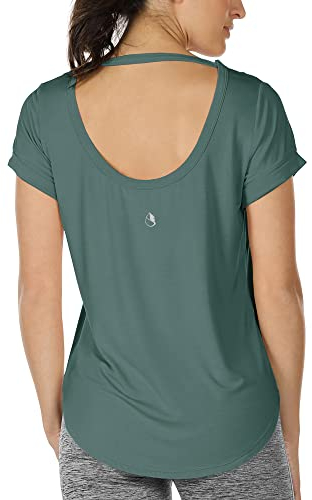icyzone Damen Yoga T-Shirt Rückenfrei Sport Freizeit Tops Kurzarm Oberteile Loose Casual V-Ausschnitt Shirt (M, Dunkelgrau-grün)