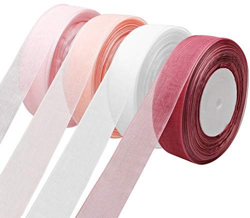 4 Rolls Sheer Organza Gift Ribbon, 25mm x 45m Each - Chiffon Ribbon for DIY Crafts, Gift Wrapping, Bouquet, Bows, Wedding Party Decorations (4 Colours)