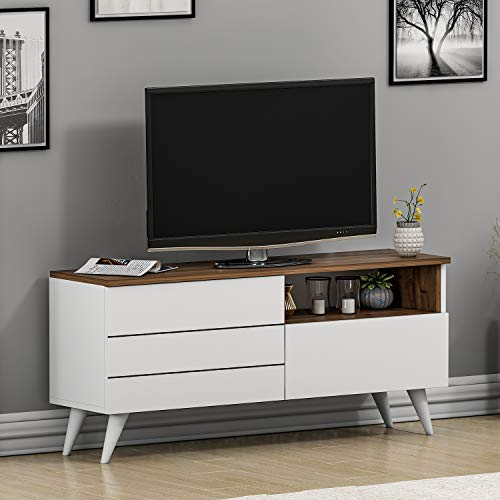 Homidea Leon TV Bank - TV Lowboard - Fernsehtisch (Weiß/Nußbaum)