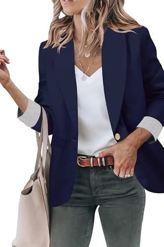 Genhoo Womens Long Sleeve Lightweight Office Work Suit Jacket Boyfriend Blazer Navy Blue M
