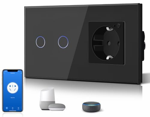 BSEED interruptores de luz Wifi,interruptores tactil empotrado y Enchufe con Tipo C y USB,Panel de Cristal,Control Remoto,Requiere Cable Neutro,2 Gang 1 Vía + 1 WIFI Enchufe,157mm Negro