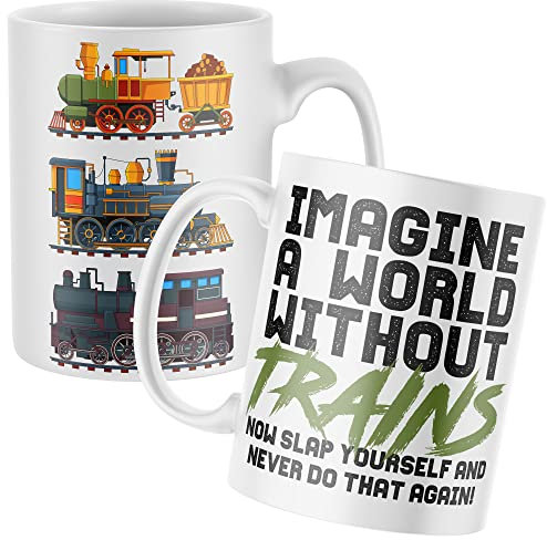 Purple Print House Imagine A World Without Trains Mug, Funny Coffee Cup, Railway Gifts for Him, Steam Train Birthday Present Ideas For Dad or Son, One Size, White