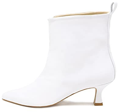 QUEEN HELENA Stivaletti di Pelle Bassi Tronchetti con Tacco a Spillo a Punta Casual Eleganti Estivi Donna 3207 (Bianco, numeric_36)