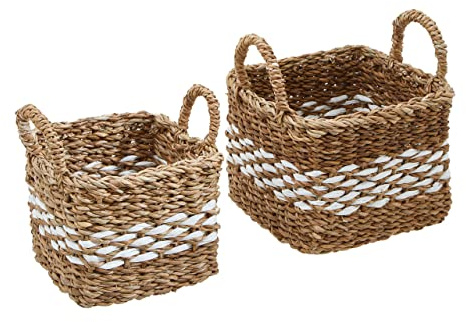 Premier Houseware Set Of Two Square Eco-friendly Seagrass Baskets/Rustic Charm Picnic Blanket Basket/Hamper Baskets For Gifts/Woven Pattern Gift Basket/Wicker Basket Dimensions W20 x D20 x H18cm.