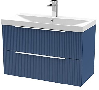 Hudson Reed DFF395D Fluted Modern Bathroom Wall Hung 2 Drawer Vanity Basin Unit with Thin-Edge Ceramic Basin, 800mm, Satin Blue