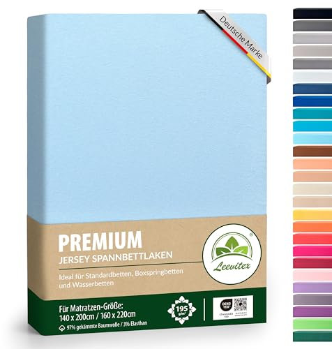 Premium Spannbettlaken, extra schwer und dick, 97% Mako-Jersey-Baumwolle und 3% Elasthan, auch Boxspringbett geeignet, 140 x 200-160 x 220 cm, Hellblau/Himmelblau