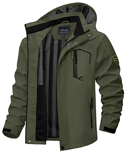 TACVASEN Giacca Di Transizione Uomo Giacca Impermeabile Giubbotti Funzionale Antiacqua Respirante Giubbotti Antivento Hoodie Verde Militare, L