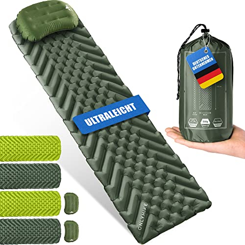 ONLYHIKE® Isomatte Ultraleicht [gratis Camping Kissen] I Outdoor Camping Matratze I rutschfeste Matte mit Schlafkissen für Sommernächte im Freien I Kompakte aufblasbare Schlafmatte I Oliv