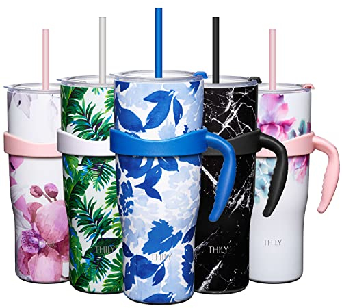 THILY 1180 ml Insulated Tumbler with Handle - Stainless Steel Triple Insulated Coffee Travel Mug with Splash-Proof Lid and Reusable Straws, for Home, Office, Travel, Party, Blue Maple