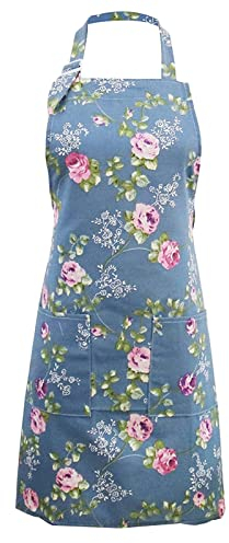 1X Blau Blumen Schürze Segeltuch Küchenschürze Profi Kochschürze Florale Latzschürze Personalisiert Grillschürze Gastronomie Schürzenkittel, Großen Taschen für Frau Mann Koch Restaurant Gartenar