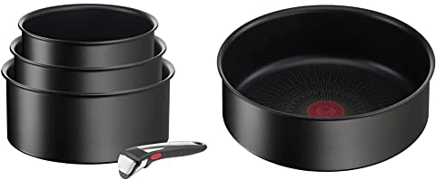 Tefal Ingenio Eco Resist On Batterie de cuisine 4p, Indicateur de démarrage de cuisson, Cuisson saine L7679202,29 x 29 x 18 cm & Ingenio Eco Resist Sauteuse 24 cm, Empilable, Induction, L3973502, Noir
