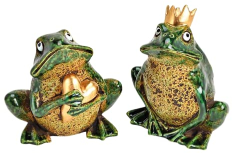 Deko-Frösche 2 Fach Sortiert, mit Herz und Krone, aus Keramik, in grün-Gold, für Heim, Garten, Terrasse oder Teich, Größe: L/B/H ca. 10 x 14 x 17 cm