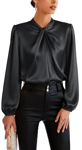 Ladies Vintage Dressy Lantern Long Sleeve Shirt Mock Neck Solid Slim Fit Blouse for Office Work Business Black,XXL