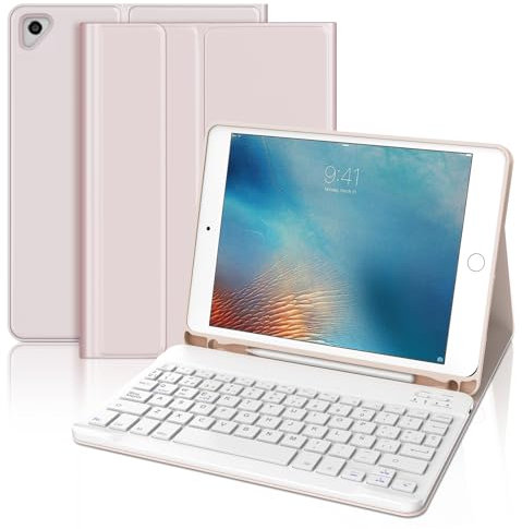 Funda con Teclado para iPad 6a Generación 9.7, Teclado Bluetooth Desmontable con Funda y Portalápices para iPad 6a Gen 2018/5a Gen 2017/iPad Pro 9.7 2016/iPad Air 2 2014y iPad Air 1 2013, Rosa