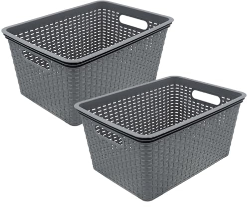 HRB Aufbewahrungsbox Lagerbox Box Korb in Rattan-Optik, 15 Liter, 39x28x18 cm Kiste Modern (2 Stück, Grau)
