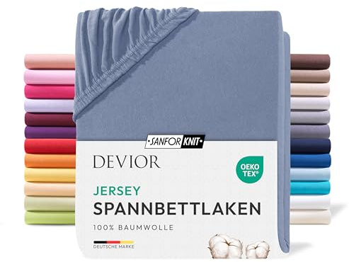 Devior Jersey Spannbettlaken 180x200cm - 200x200cm, 100% Baumwolle, Matratzenhöhe bis 22cm, Rauchblau – 135 g/m² Anti-Statisches, atmungsaktives Bettlaken mit Einlaufschutz, Matratzenbezug Blau