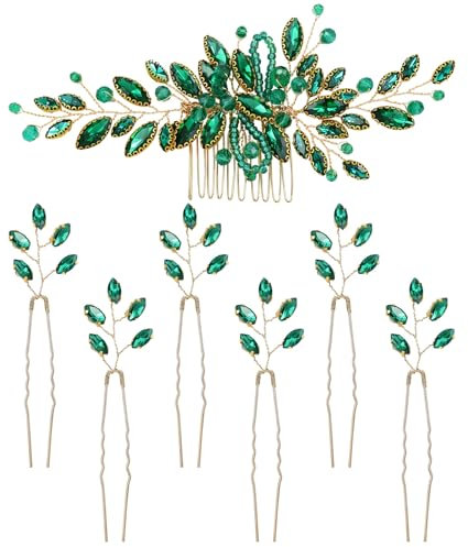 Dizila 7 Pieces Emerald Green Crystal Bead Party Prom Wedding Bridal Vine Leaf Hair Side Combs + Rhinestone U-shaped Hair Pins Headpieces for Brides Bridesmaids Women Girls