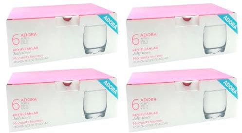 Tradineur - Pack de 4 Caja de 6 Vasos Modelo Adora - Capacidad: 290 ml - Fabricado en Vidrio Resistente - Apto para lavavajillas - Tamaño Aprox: Ø 7 x 9 cm - 24 Uds Totales